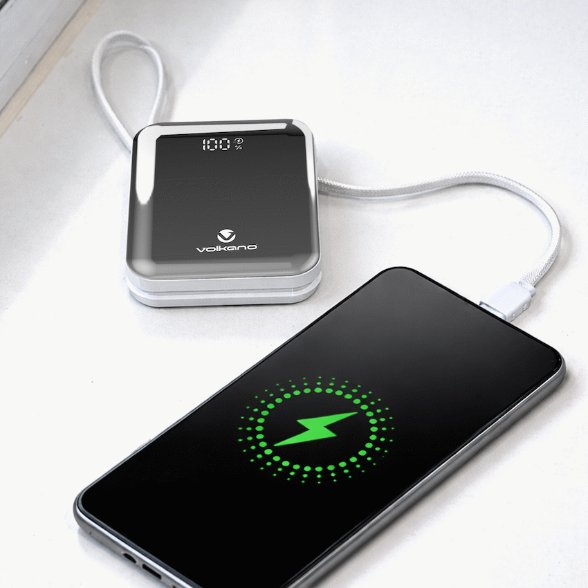 Volkano Solace Series 10 000 mAh Power Bank with Built-in USB-C & Lightning Cable - White & Silver - Image 4