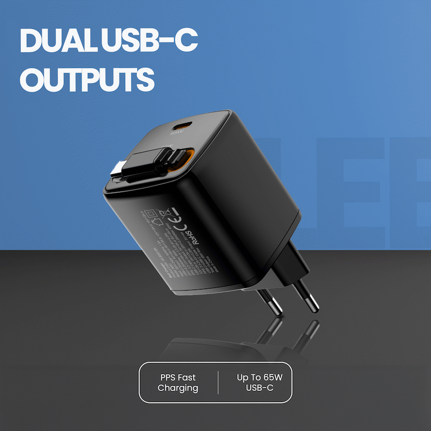 Volkano Sleek Series Fast Wall Charger 65W USB-C with Built-in Retractable 75cm Cable - Black - Image 4