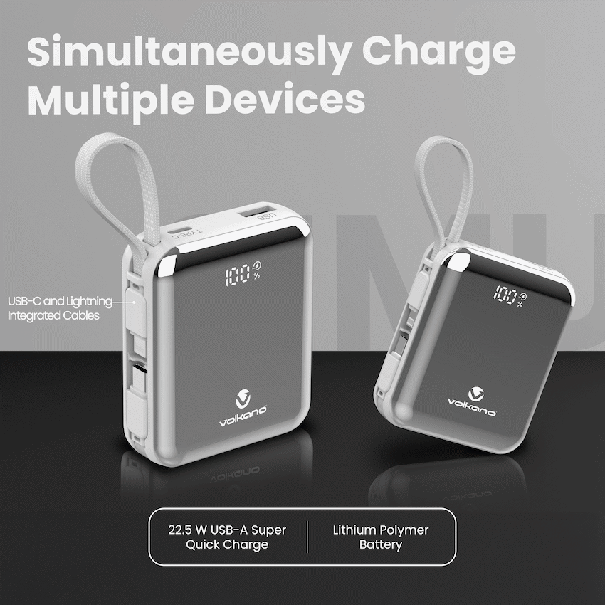 Volkano Solace Series 10 000 mAh Power Bank with Built-in USB-C & Lightning Cable - White & Silver - Image 5