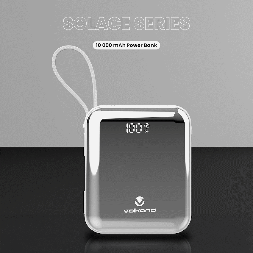 Volkano Solace Series 10 000 mAh Power Bank with Built-in USB-C & Lightning Cable - White & Silver - Image 6
