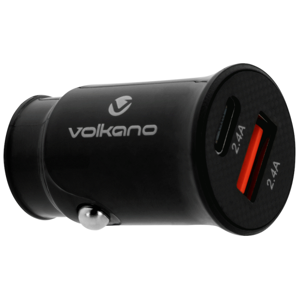 Volkano On-The-Go USB + Type-C 12w Car Charger - Black