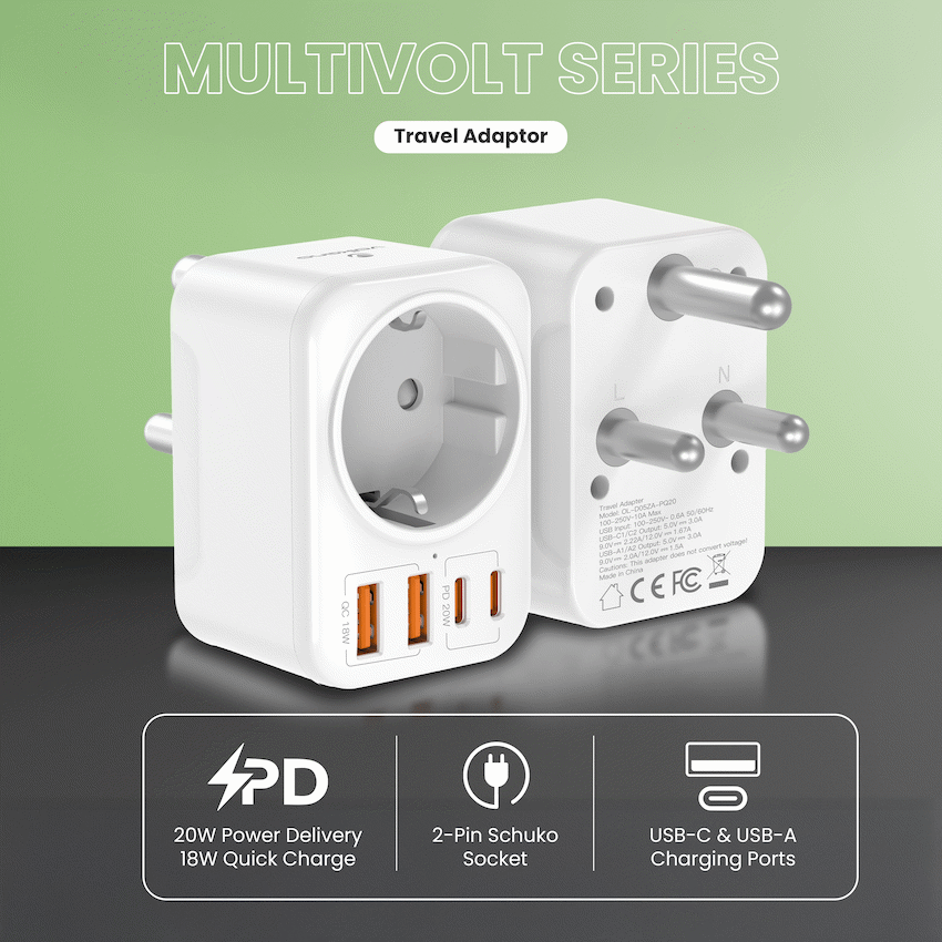 Volkano MultiVolt Series 2x USB-A + 2x USB-C adaptor SA Plug to multi travel socket 20Watt - Image 3