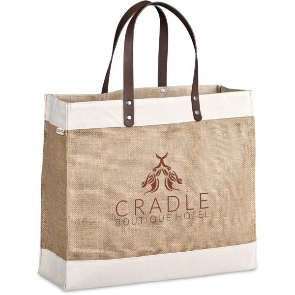 Okiyo Reza Jute & Cotton Tote with Leather Handles - NATURAL