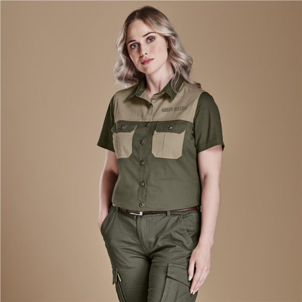 Ladies Short Sleeve Serengeti 2-Tone Bush Shirt - MILITARY GREEN / S