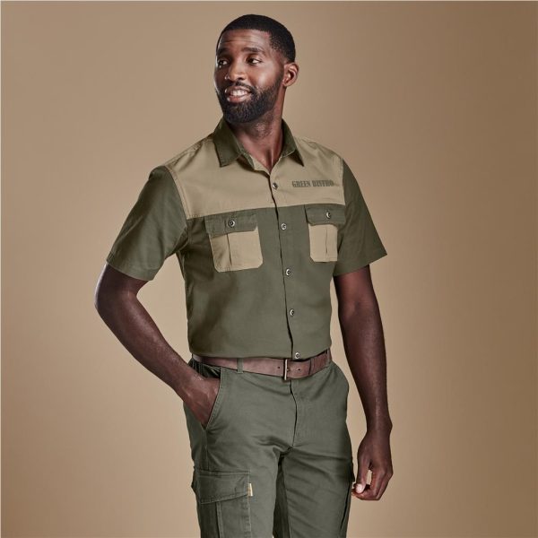 Mens Short Sleeve Serengeti 2-Tone Bush Shirt - STONE MILITARY GREEN / 5XL